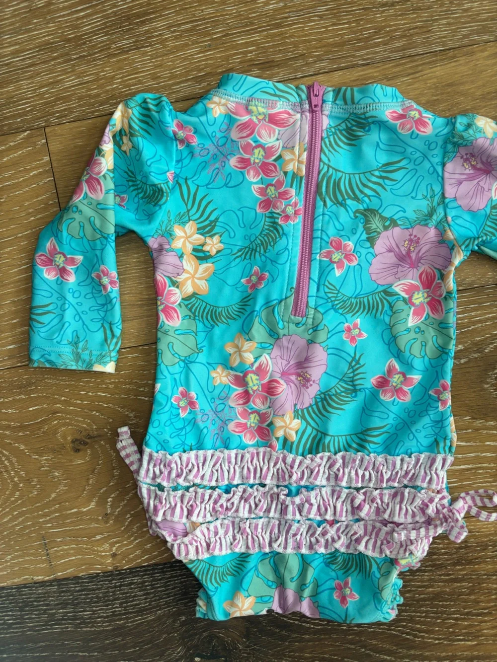 RuffleButts Tropical Floral Long Sleeve Rash Guard Swimsuit 6-12M